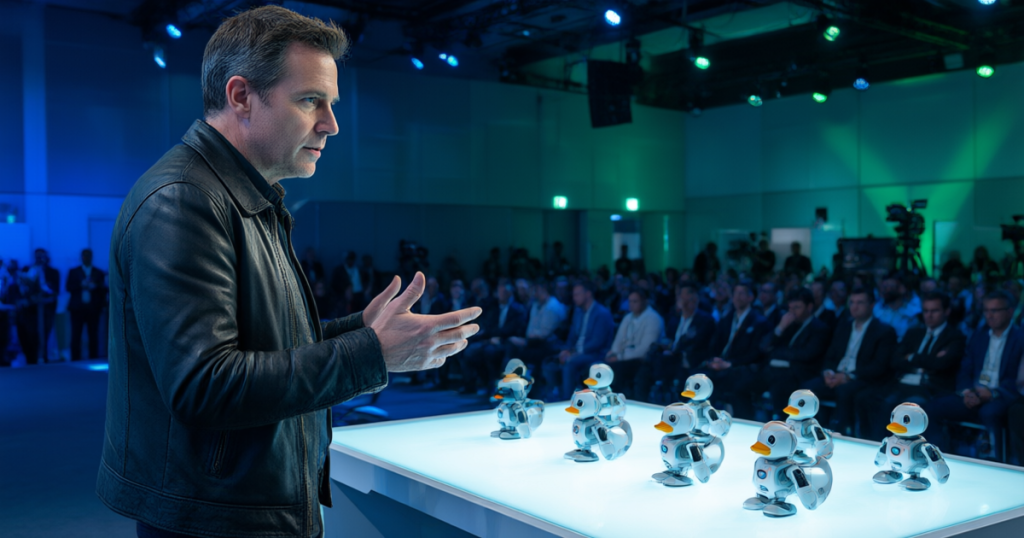 Jensen Huang presenta los Microducks en GTC Berlín: robots de código abierto entrenados con Nvidia